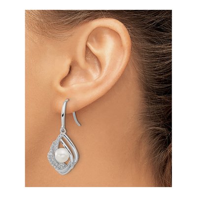 Sterling Silver Freshwater Cultured Pearl & CZ Teardrop Dangle Earrings – view 3