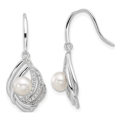 Sterling Silver Freshwater Cultured Pearl & CZ Teardrop Dangle Earrings