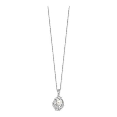 Sterling Silver Freshwater Cultured Pearl & CZ Teardrop Necklace – view 2