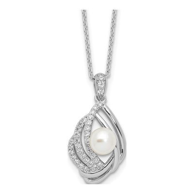 Sterling Silver Freshwater Cultured Pearl & CZ Teardrop Necklace