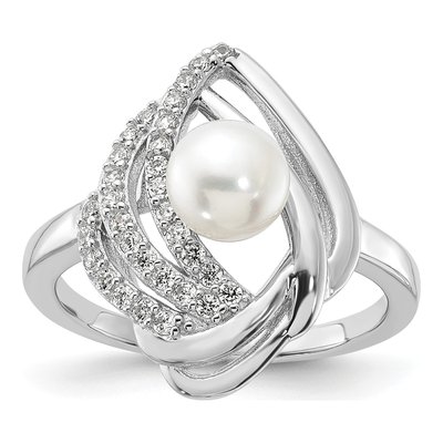 Sterling Silver Freshwater Cultured Pearl & CZ Teardrop Ring