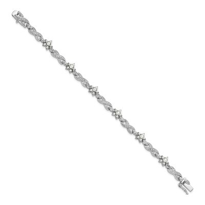 Sterling Silver Simulated Pearl & CZ Brilliant-Cut Glass Floral Infinity Bracelet – view 2