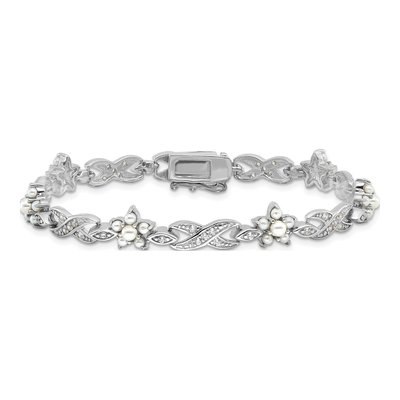 Sterling Silver Simulated Pearl & CZ Brilliant-Cut Glass Floral Infinity Bracelet – view 3