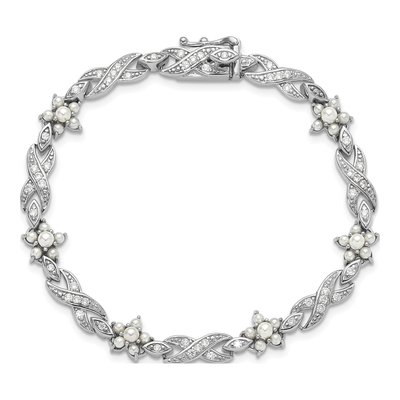 Sterling Silver Simulated Pearl & CZ Brilliant-Cut Glass Floral Infinity Bracelet – view 4