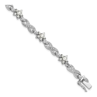 Sterling Silver Simulated Pearl & CZ Brilliant-Cut Glass Floral Infinity Bracelet