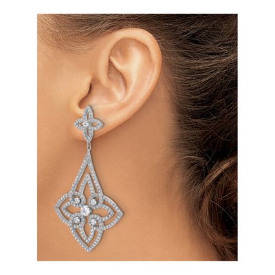 Sterling Silver CZ Fancy Floral Design Brilliant-Cut Chandelier Earrings – view 4