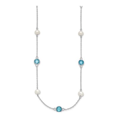 Sterling Silver Freshwater Cultured Pearl & CZ Station Necklace – view 2