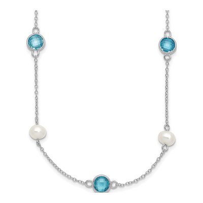 Sterling Silver Freshwater Cultured Pearl & CZ Station Necklace