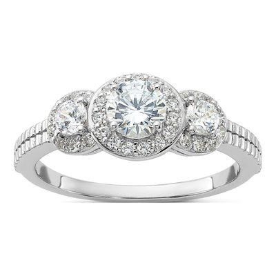 Sterling Silver CZ 3-Stone Halo Engagement Ring