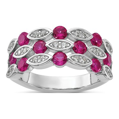 Sterling Silver Lab-Created Ruby & CZ Fancy Brilliant-Cut Ring