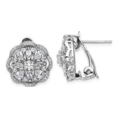 Sterling Silver Pear CZ Flower Omega Stud Earrings