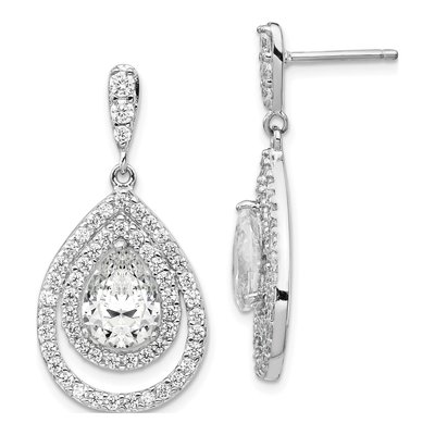 Sterling Silver CZ Pear Halo Dangle Earrings