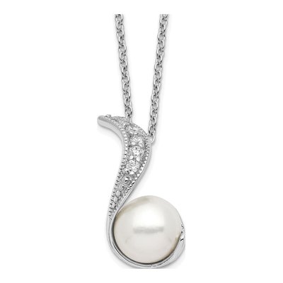 Sterling Silver Freshwater Cultured Pearl & CZ Swirl Pendant Necklace