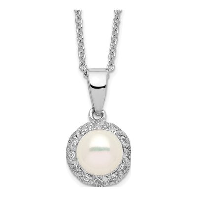 Sterling Silver Freshwater Cultured Pearl & CZ Brilliant-Cut Pendant Necklace