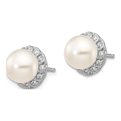 Sterling Silver 1.3mm Round Freshwater Cultured Pearl & CZ Button Stud Earrings – view 3