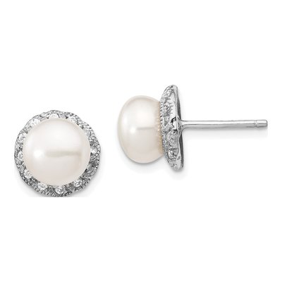 Sterling Silver 1.3mm Round Freshwater Cultured Pearl & CZ Button Stud Earrings