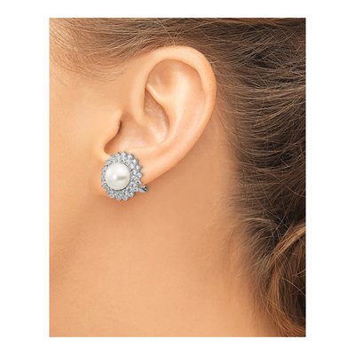 Sterling Silver 1.2mm Round Freshwater Cultured Pearl & CZ Omega Stud Earrings – view 4