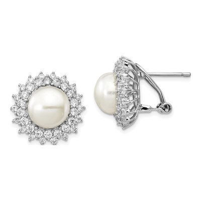 Sterling Silver 1.2mm Round Freshwater Cultured Pearl & CZ Omega Stud Earrings