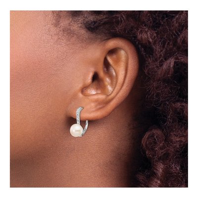 Sterling Silver Freshwater Cultured Pearl & CZ Leverback Earrings – view 4