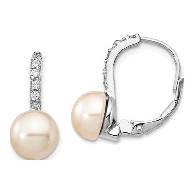 Sterling Silver Freshwater Cultured Pearl & CZ Leverback Earrings