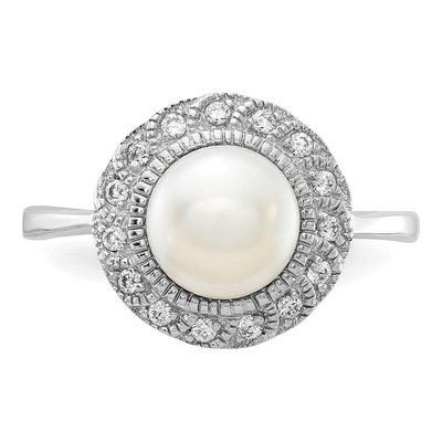 Sterling Silver Freshwater Cultured Pearl & CZ Brilliant-Cut Ring – view 6