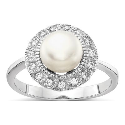 Sterling Silver Freshwater Cultured Pearl & CZ Brilliant-Cut Ring