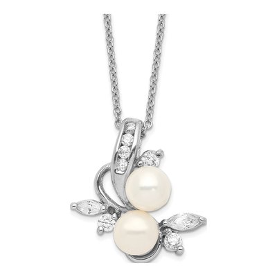 Sterling Silver Freshwater Cultured Pearl & CZ Leaf Pendant Necklace