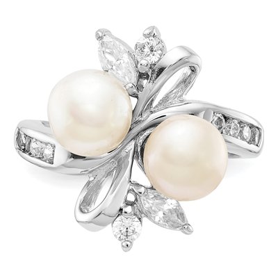 Sterling Silver Freshwater Cultured Pearl & CZ Leaf Ring – view 6