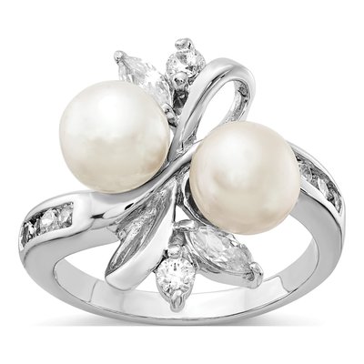 Sterling Silver Freshwater Cultured Pearl & CZ Leaf Ring