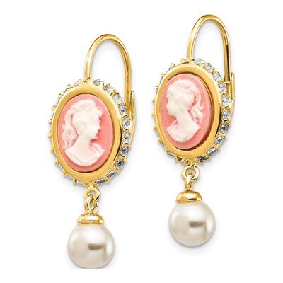Gold-Plated Sterling Silver Simulated Pearl & CZ Cameo Leverback Earrings – view 3