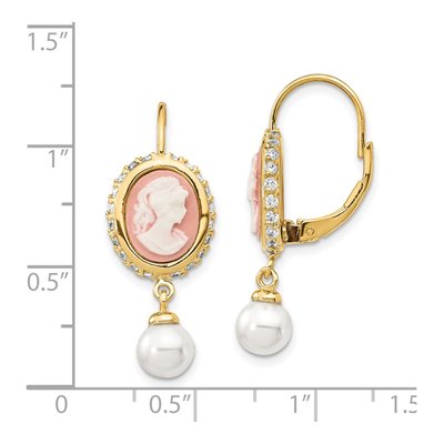 Gold-Plated Sterling Silver Simulated Pearl & CZ Cameo Leverback Earrings – view 5