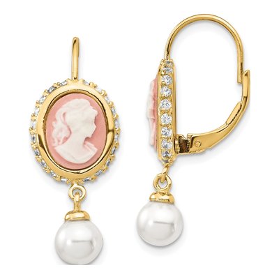 Gold-Plated Sterling Silver Simulated Pearl & CZ Cameo Leverback Earrings