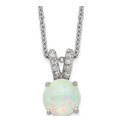 Sterling Silver Lab-Created Opal & CZ Cabochon Brilliant-Cut Split Bail Pendant Necklace