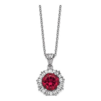Sterling Silver Lab-Created Ruby & CZ Brilliant-Cut Baguette-Cut Pendant Necklace