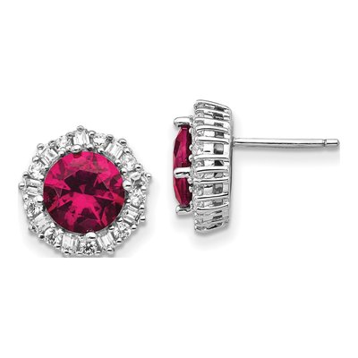 Sterling Silver Lab-Created Ruby & CZ Button Stud Earrings