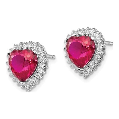 Sterling Silver Round Lab-Created Ruby & CZ Heart Halo Stud Earrings – view 3