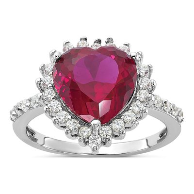 Sterling Silver Lab-Created Ruby & CZ Heart Halo Ring