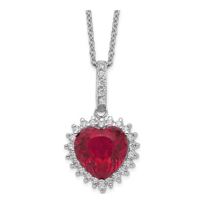 Sterling Silver Lab-Created Ruby & CZ Heart Halo Necklace