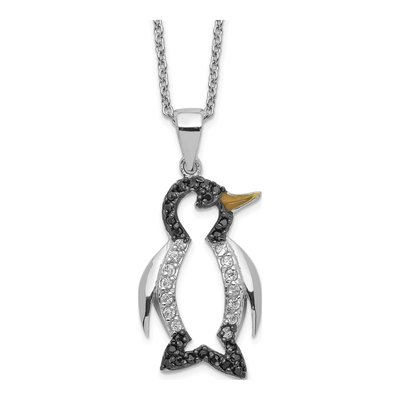 Sterling Silver CZ Enamel Penguin Pendant Necklace