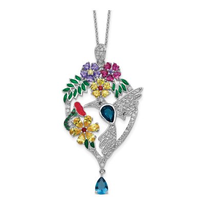 Sterling Silver CZ Enamel Hummingbird Pendant Necklace