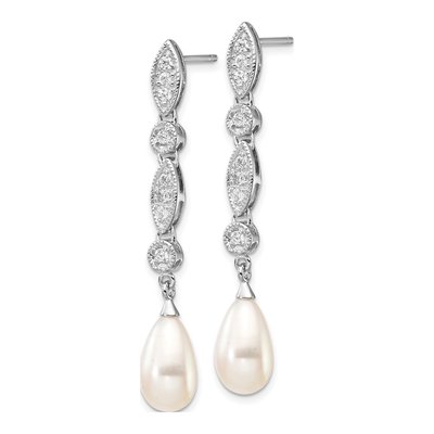Sterling Silver Freshwater Cultured Pearl & CZ Dangle Earrings – view 3