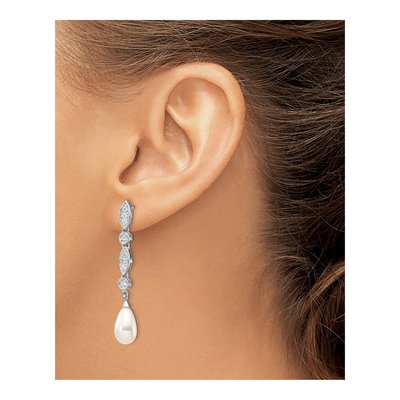 Sterling Silver Freshwater Cultured Pearl & CZ Dangle Earrings – view 4