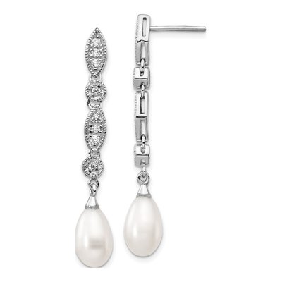 Sterling Silver Freshwater Cultured Pearl & CZ Dangle Earrings