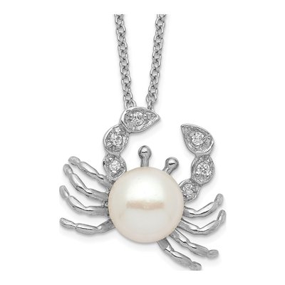 Sterling Silver Freshwater Cultured Pearl & CZ Crab Pendant Necklace