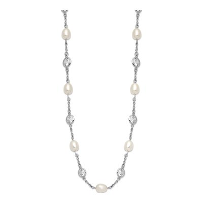 Sterling Silver Freshwater Cultured Pearl & CZ Brilliant-Cut Bezel Station Necklace – view 3