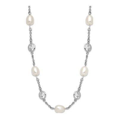 Sterling Silver Freshwater Cultured Pearl & CZ Brilliant-Cut Bezel Station Necklace