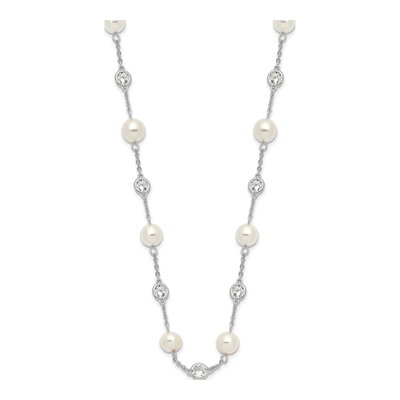 Sterling Silver Simulated Pearl & CZ Glass Brilliant-Cut Bezel Station Necklace – view 3