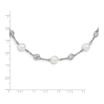 Sterling Silver Simulated Pearl & CZ Glass Brilliant-Cut Bezel Station Necklace – view 4