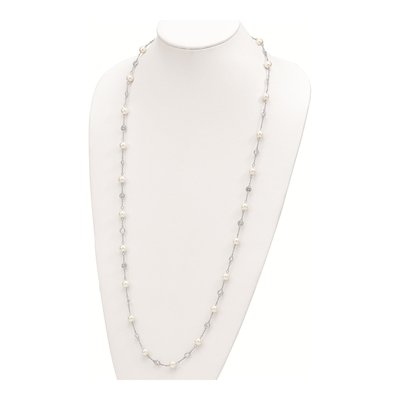 Sterling Silver Simulated Pearl & CZ Glass Brilliant-Cut Bezel Station Necklace – view 5