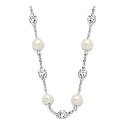 Sterling Silver Simulated Pearl & CZ Glass Brilliant-Cut Bezel Station Necklace